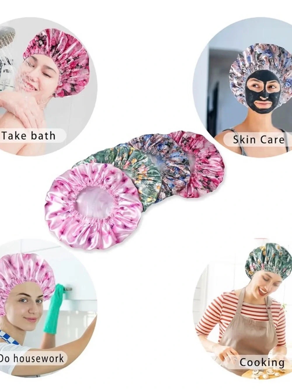 Kids Floral Pink Waterproof Shower Cap - Reusable Bath Hair Bonnet